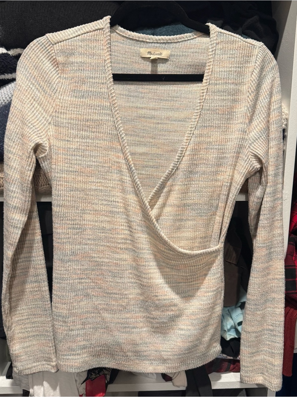 Madewell Cream Sweater with Subtle Multicolor Flecks V-Neck Wrap